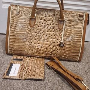 Pre-owned Brahmin Tobacco Tesoro Weekender w/ Matching Ady Wallet
